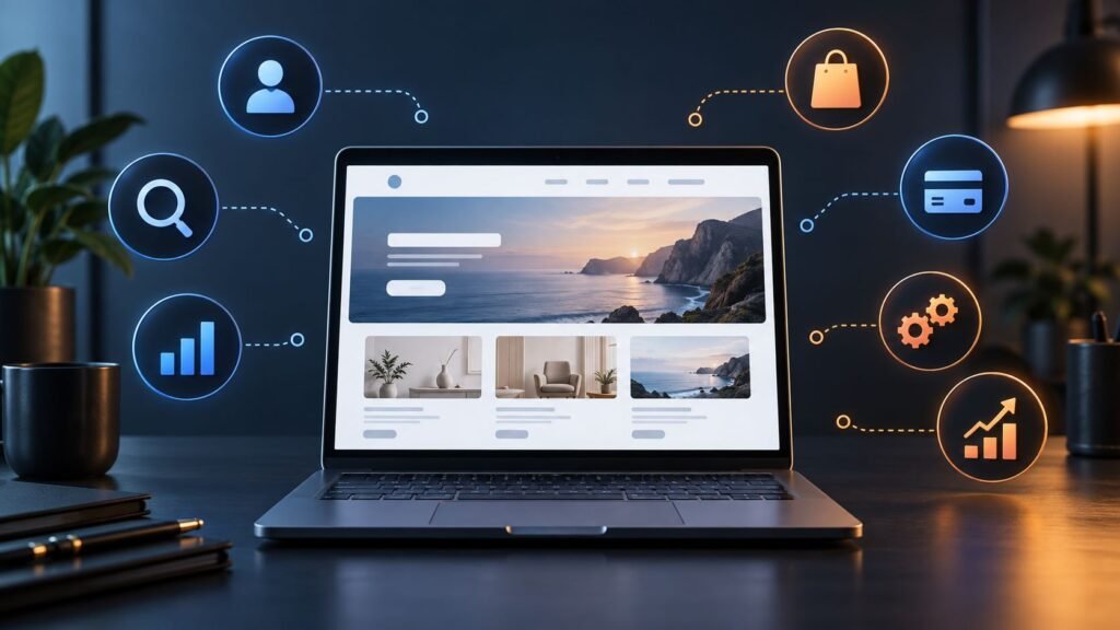 Laptop displaying an AI-generated website surrounded by disconnected icons representing customers, search, payments, systems, sales, and business growth.